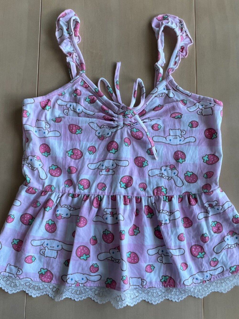 Entire Closet $5! Cinnamoroll Strawberry Gingham Peplum Junior Girls Pink Cami - Picture 2 of 10